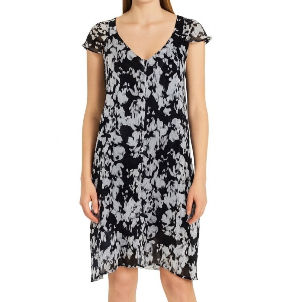Simply Vera Vera Wang black/white floral print knee length V-neck dress SZ L